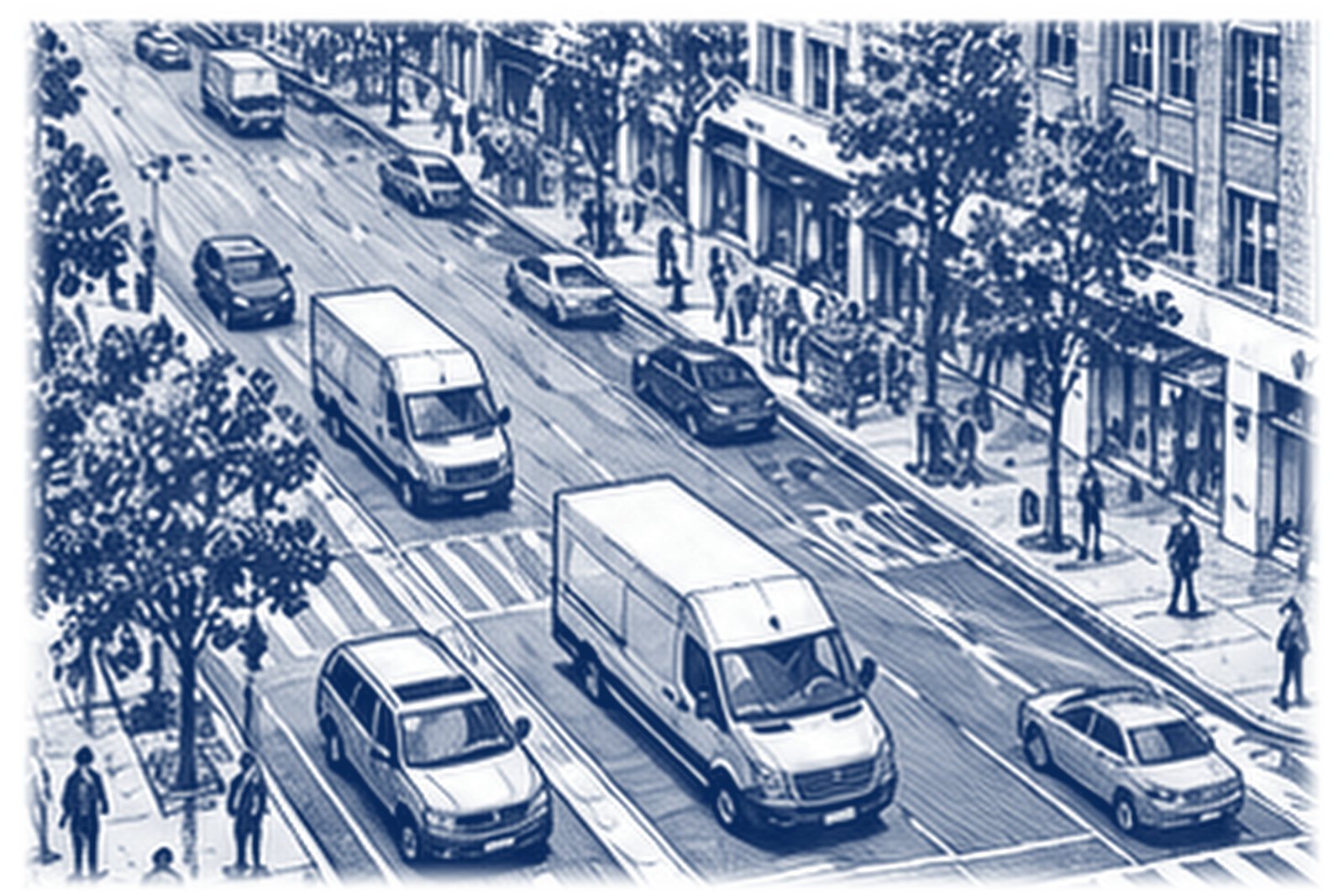 Delivery vans and cars on a tree-lined city street seen from above