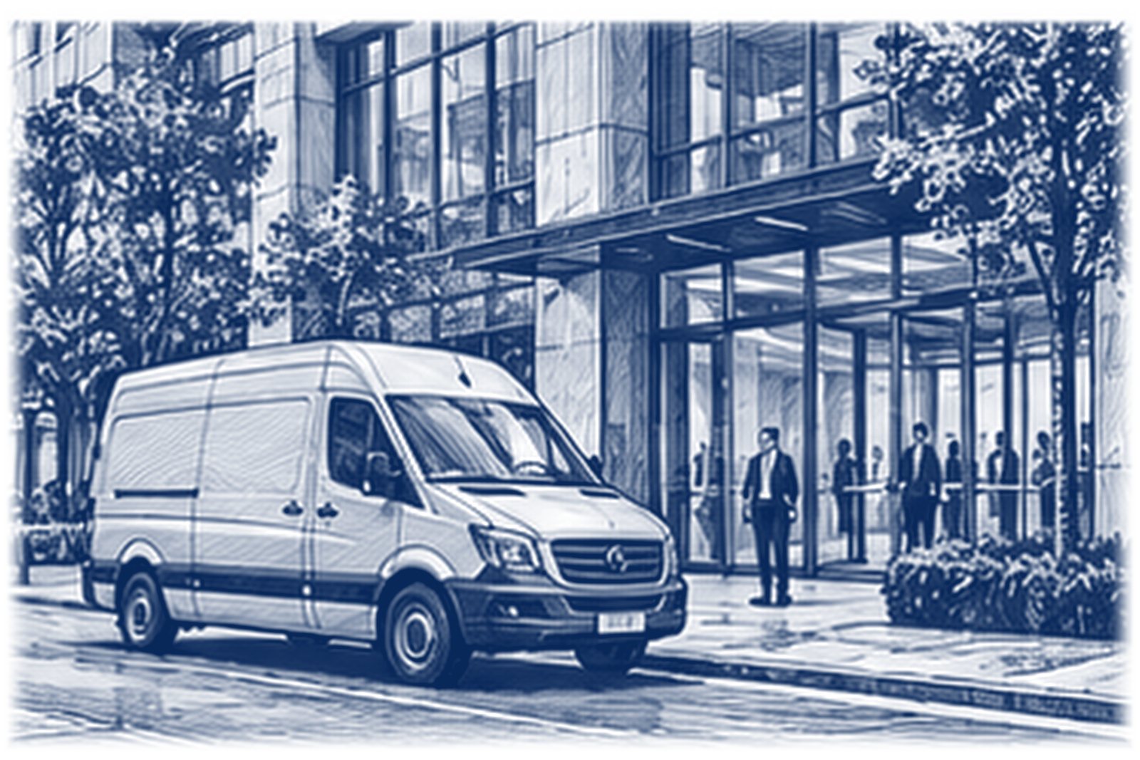 A white van parked outside a glass-fronted office building