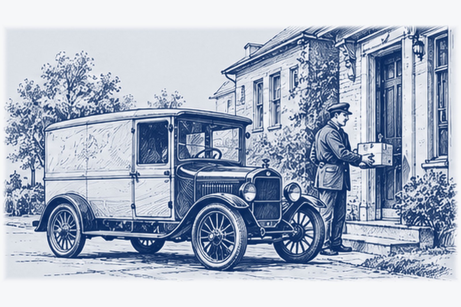 An early delivery van parked at a house while the driver carries a parcel to the door