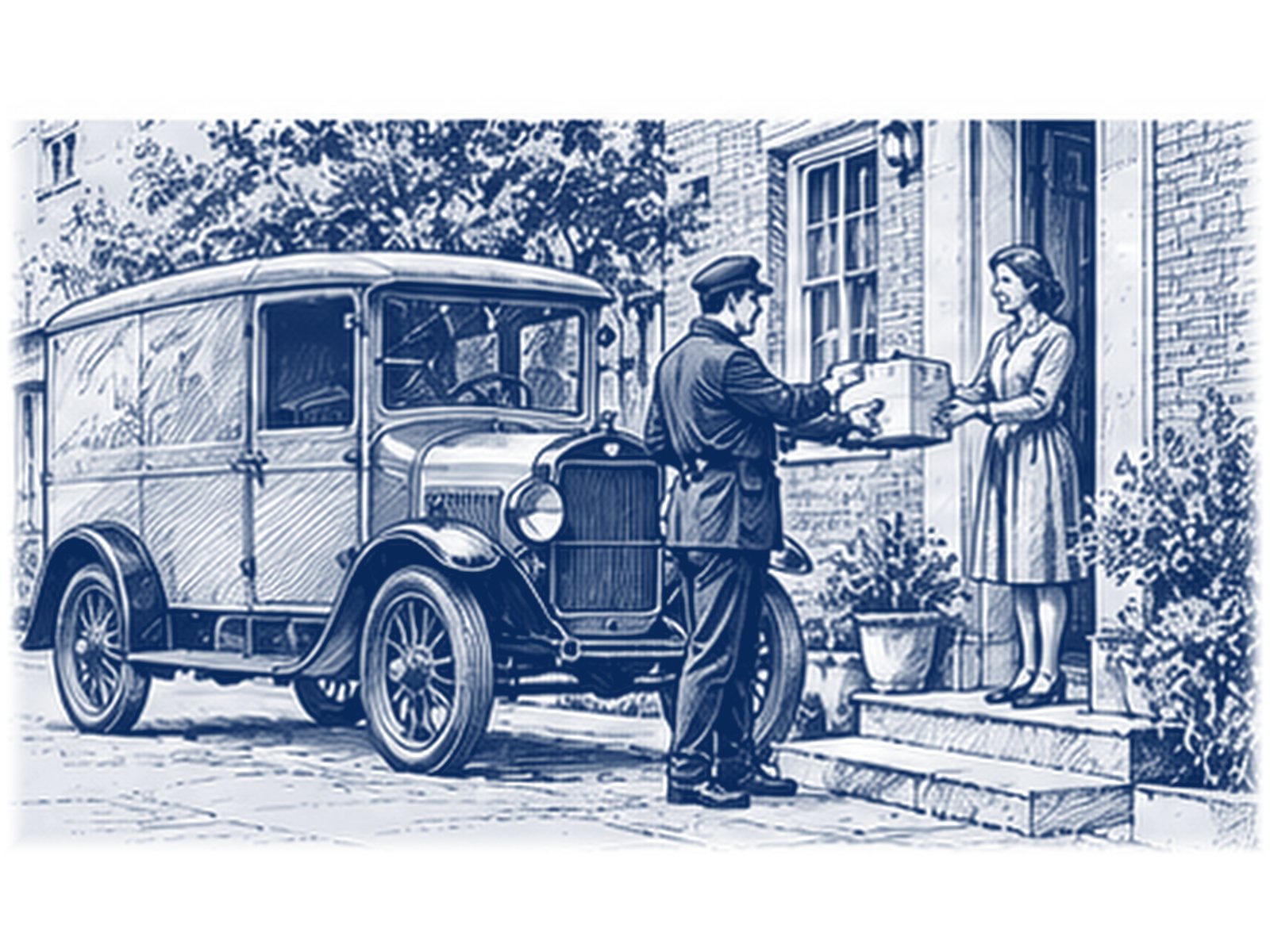 A uniformed driver hands a parcel to a customer at her front door beside a vintage delivery van