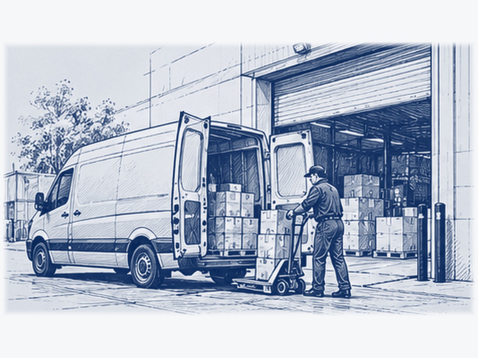A worker wheels boxes on a hand truck into a white delivery van at a depot loading door