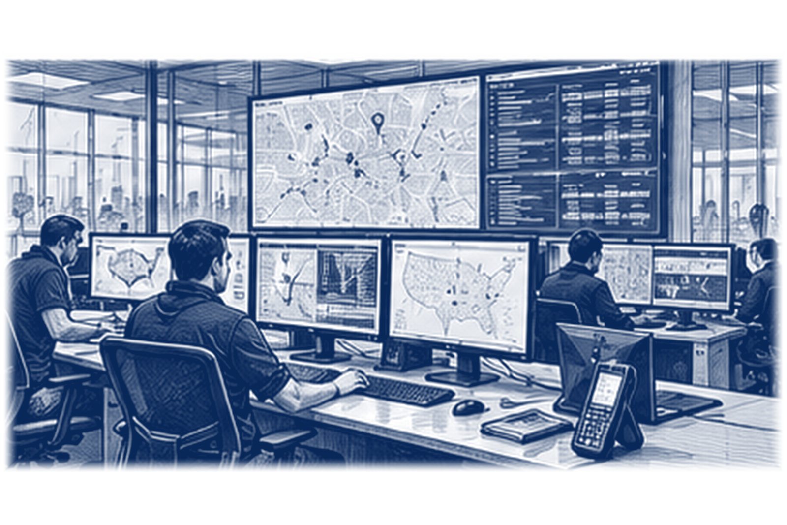 Dispatchers at desks with route maps and order screens, a handheld scanner on the counter
