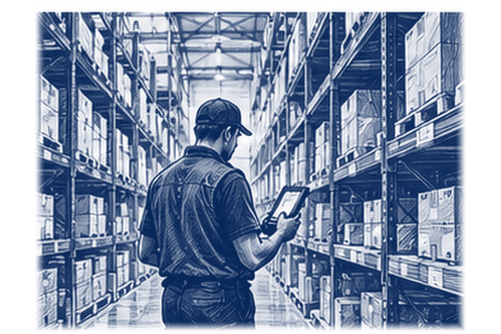 A warehouse worker checks stock on a tablet between rows of shelving