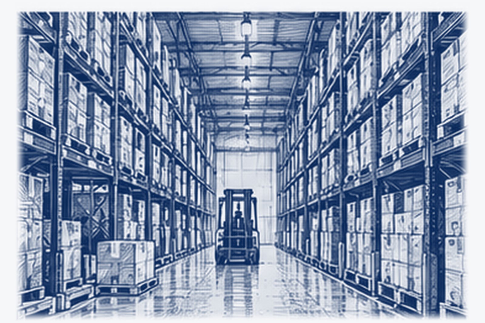 A long warehouse aisle lined with tall racking and a forklift at the far end