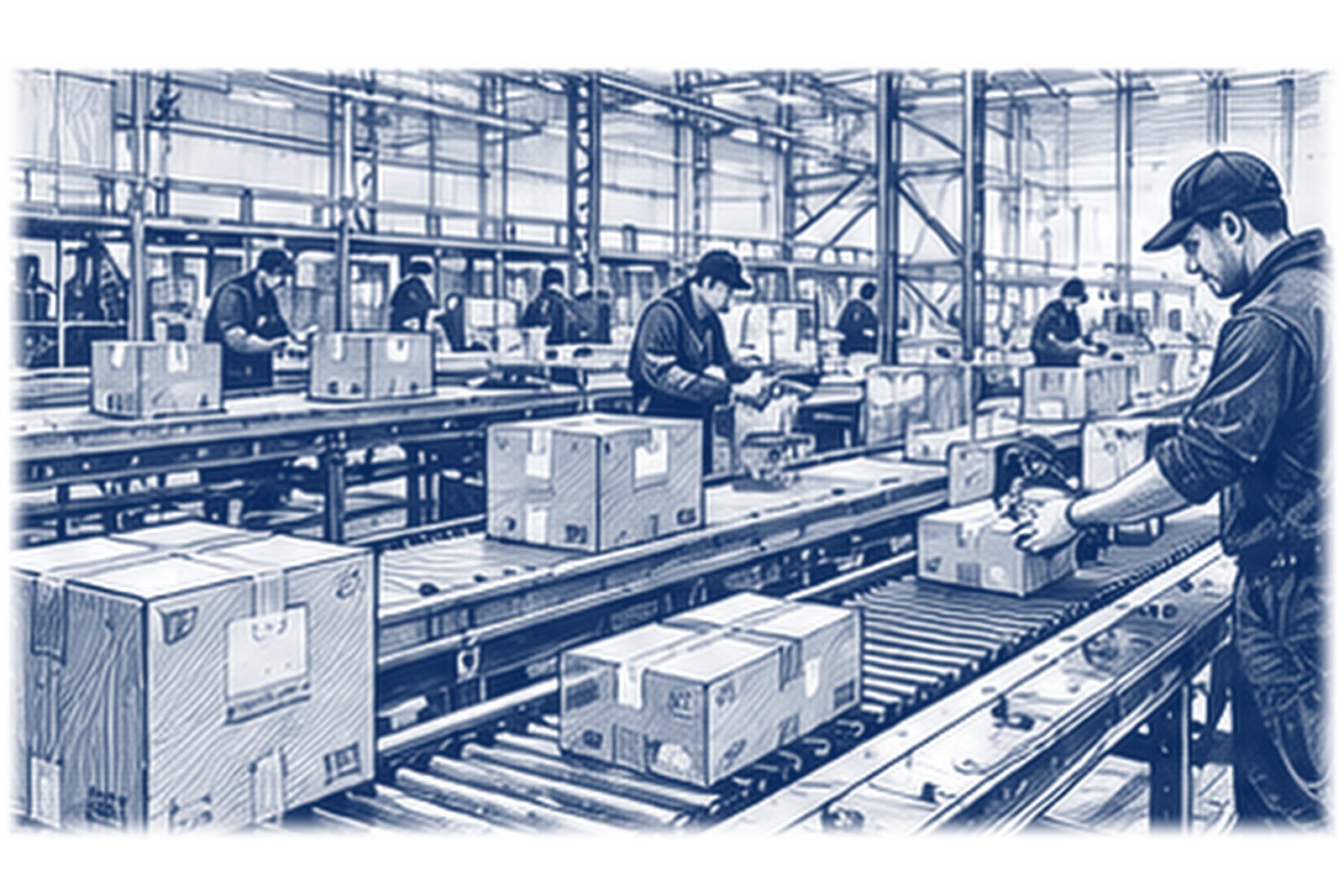 Workers sorting parcels along a conveyor line