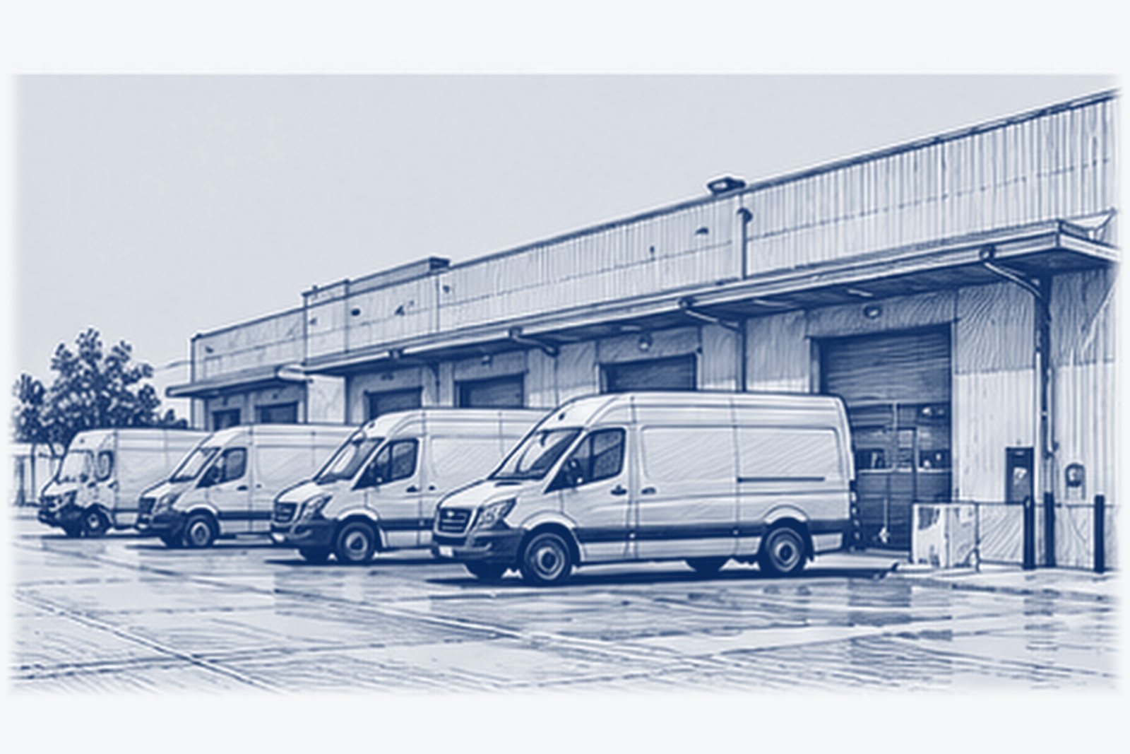 A row of white delivery vans parked at the loading doors of a depot