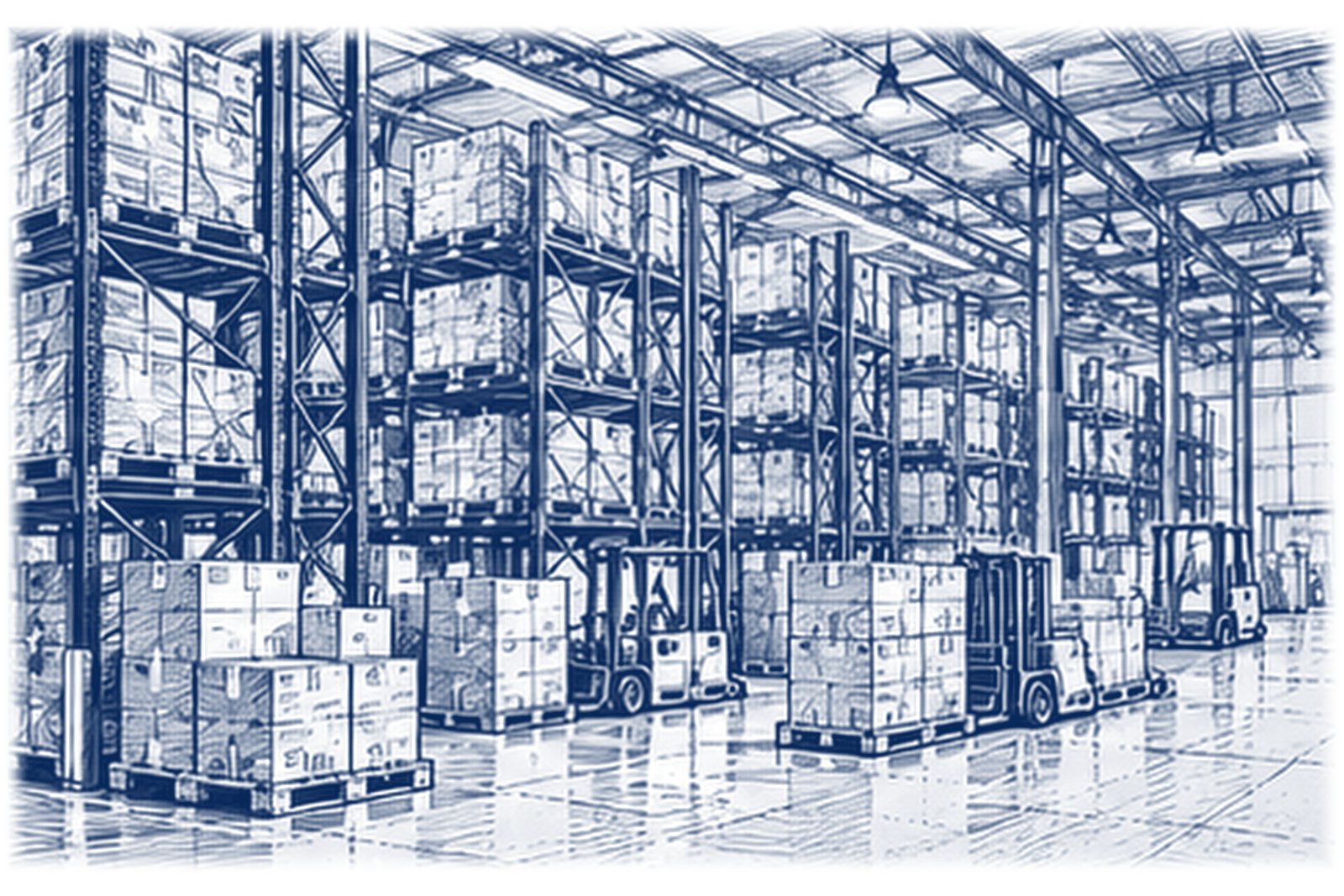 A warehouse floor with pallet racking, staged pallets and forklifts